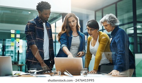 Laptop, group or creative business people in discussion, brainstorming or planning together in startup office. Computer, diverse team or collaboration for project strategy, meeting or editor training - Powered by Shutterstock