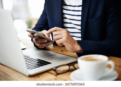 Laptop, hands and businessman with cellphone in office for online email communication for corporate review. Technology coffee and hr with computer and phone for reading company policy on internet, - Powered by Shutterstock