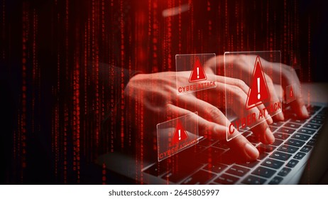 Laptop with hands typing amid glowing cyber attack alerts and red binary code, symbolizing hacking, data breach, and cybersecurity threats, 3d Rendering