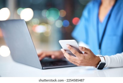 Laptop, healthcare and hands of nurse with phone for medical research, planning and schedule in hospital. Telehealth, communication and black woman with digital tech for online consultation in clinic - Powered by Shutterstock