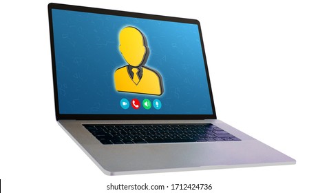 Laptop With Icon Screen Video Conference Business Team Using Laptop For Online Meeting In Video Call On Isolated White Background.