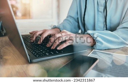 Laptop keyboard, hands and professional person typing UX webdesign, app wireframe development or monitor online info. SEO, web traffic research and closeup computer user working on website layout