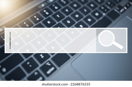 Laptop, keyboard and search bar for research, question or query on information, data or knowledge on website, internet or app. IoT computer for browsing, online lookup, inquiry or web on mockup