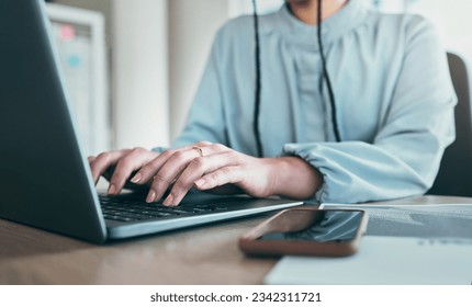 Laptop keyboard, technology or woman hands typing business report, social network advertising post or customer experience review. Closeup person working on online blog post, media analysis or project - Powered by Shutterstock