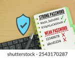 laptop keyboards and books with strong password words and weak passwords. the concept of finding a strong password. The concept of protecting online accounts from being hacked