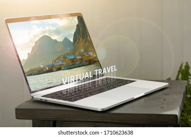 Laptop with a landscape on the screen. Virtual travel