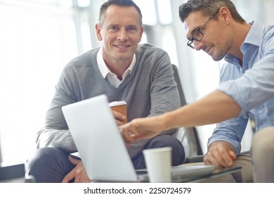 Laptop, lounge portrait and airport business people pointing at financial portfolio, stock market database or investment. Economy, travel or crypto trader work on forex, bitcoin mining or nft trading - Shutterstock ID 2250724579