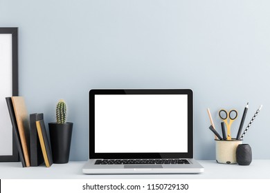 Laptop Macbook On A White Office Workspace. Mock Up.