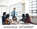 Laptop, manager or businessman in presentation for solution, problem solving or teaching in meeting. Leadership, workshop or mentor talking in team training, coaching class or learning opportunity