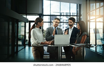 Laptop, meeting and business people with cooperation for group project proposal and sharing ideas in office. Corporate employees, computer and brainstorming for feedback report and online marketing - Powered by Shutterstock