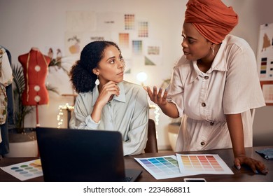 Laptop, meeting or fashion designer women in office planning, collaboration or thinking of creative color wheel. Small business, diversity or startup working for teamwork, analysis or strategy - Powered by Shutterstock