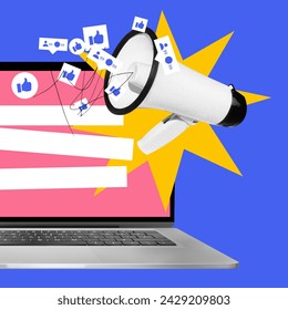 Laptop, megaphone and social media icons. Image for blog articles on the power of social media for brand growth. Contemporary art collage. Concept of digital marketing, online services, business