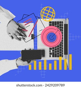 Laptop, mobile phone and analytics. Visual aid for online courses teaching effective social media strategies. Contemporary art collage. Concept of digital marketing, online services, business