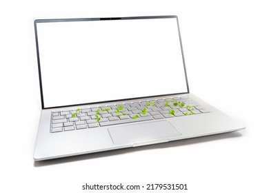 Laptop Mock Up With Blank Screen And Small Seedlings Growing On The Keyboard, Concept For Green Business And Eco-friendly Economy, Isolated On A White Background, Selected Focus, Narrow Depth Of Field