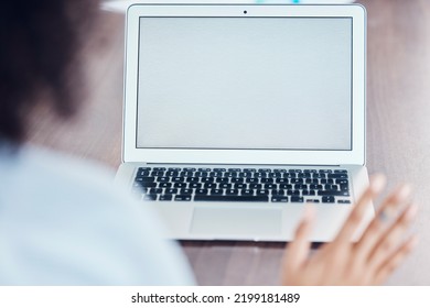 Laptop Mockup, Blank Screen And With Copy Space For Marketing And Promotion On A Desk With Woman Waving For Zoom Video Call Conference. Computer Display Showing Advertisement, Brand Logo Or Web Page