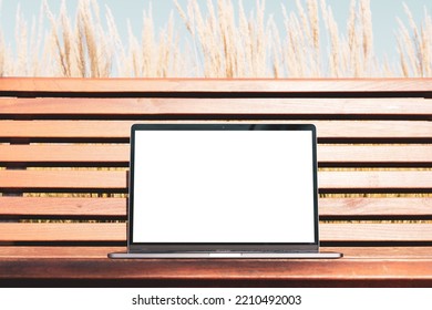 Laptop Mockup. Notebook With White Screen Morning City Urban Public Space On Background In Park Bench. Urban, And Remote Work And Study Concept. Empty Copy Space, Blank Screen Modern Laptop.