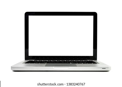 A Laptop Modern Isolated And White Screen On White Background View. Business Office Image. Front View Of A Notebook.