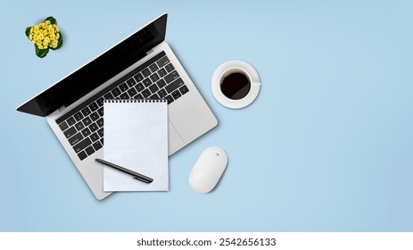 A laptop, mouse, notepad, coffee cup, and pen isolated on a blue background, creating an organized  workspace. - Powered by Shutterstock