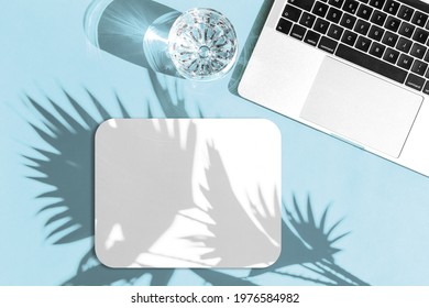 Laptop And Mouse Pad With Sun Shadow. Workplace Flat Lay. Mouse Pad Mockup For Your Design