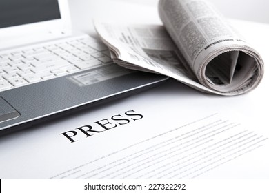 Laptop, Newspaper Office And Text Press