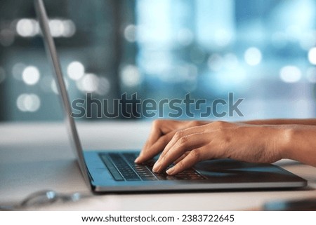Laptop, night hands and woman typing finance portfolio feedback, stock market database or cloud computing. Forex investment budget, web data analysis and online trader trading NFT, bitcoin or crypto