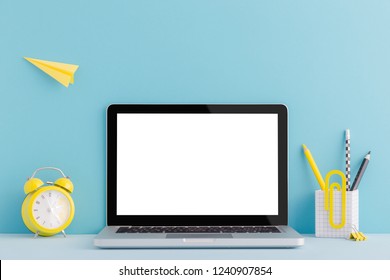 Laptop, Notebook, Paper Plane On Young Student Desk. Back To School Mock Up.

