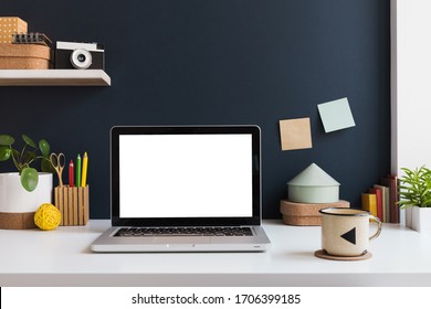 Laptop On A Desk. Workspace, Trendy, Creative Workplace.