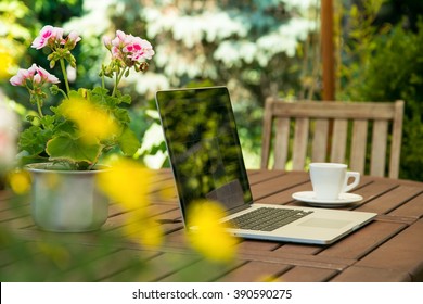 Laptop On The Garden, Close-up.