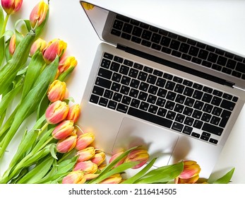Laptop on a light background and tulips