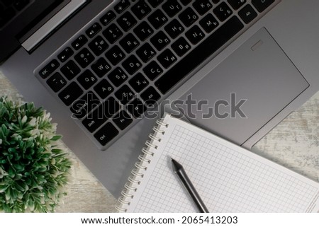 laptop on the table. Top view, green artificial flowerpot near modern slim laptop, aluminum material, isolated on light background.