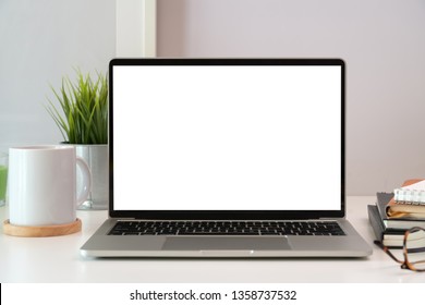 Laptop On White Wooden Business Workspace Desk