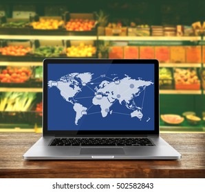 Laptop on wooden table against supermarket interior background. Worldwide transport logistic network on screen. Wholesale and retail concept. - Powered by Shutterstock