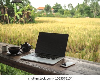 laptop on a wooden table in nature with a view to a green ricefield