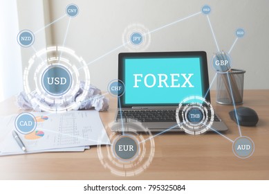 laptop on working table with text FOREX and currency connection on vistual screen , forex trading concept