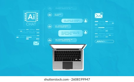Laptop with open screen showing AI-powered chatbot conversation interface, digital style, on blue background, concept of automation in communication