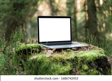 Laptop Outside Concept. Empty Copy Space, Blank Screen Mockup. Soft Focus Laptop In Nature Background. Ecology Travel And Work Outside Office Concept.