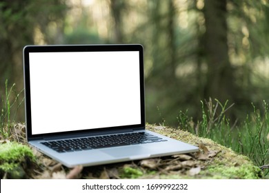 Laptop Outside Concept. Empty Copy Space, Blank Screen Mockup. Soft Focus Laptop In Nature Background. Ecology Travel And Work Outside Office Concept.