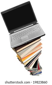 Laptop Over Books Stack Isolated Over White Background