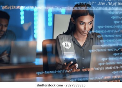 Laptop, phone and hologram of woman for data protection, safety software development or cybersecurity programming. Night, mobile research and programmer or person on computer, lock and gdpr overlay - Powered by Shutterstock