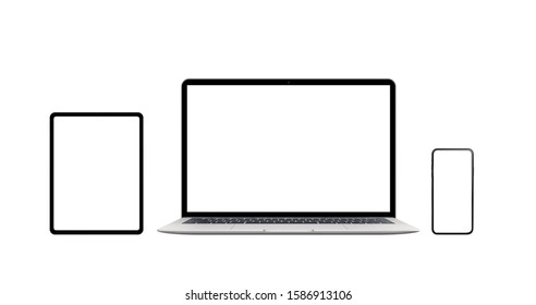 Laptop, Phone And Tablet Isolated. Modern Devices With Thin Edges. Isolated Screen For Mockup, App Or Web Site Presentation