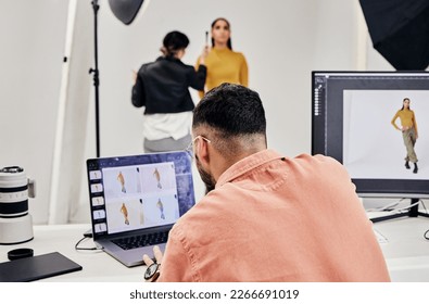 Laptop, photography editor and model in studio with photographer and shooting fashion design magazine cover or content. Creative, tech or startup people in collaboration, teamwork or makeup backstage - Powered by Shutterstock