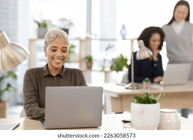 Laptop, planning and black woman in office startup with company workflow and editing online business proposal. Computer, email management and worker, employees or project manager typing at her desk