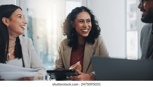 Laptop, planning and business people in meeting, tablet and brainstorming with connection. Group, employees and review with pc, documents and cooperation with teamwork, feedback and risk department - Powered by Shutterstock