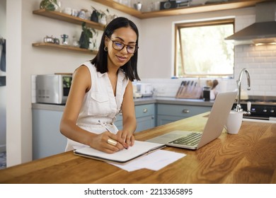 Laptop, Planning And Business Woman Or Entrepreneur Writing Notes, Idea Brainstorming And Schedule Planner For Marketing Management. Remote Work From Home Person With Internet Website Copywriting Job