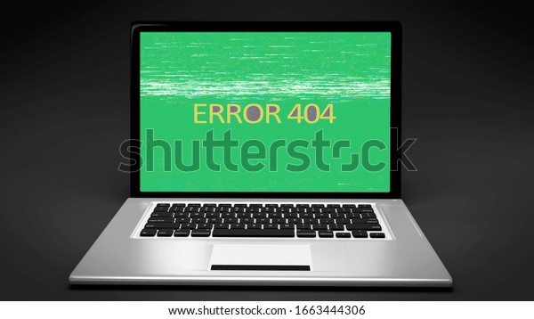 Laptop portable computer , ERROR 404 text with\
vintage 80s VHS damages\
lines\
