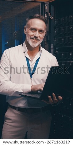 Laptop, portrait and database with man in server room for data center, network or systems. Cybersecurity, software technician and cloud computing with mature person for hardware maintenance and code