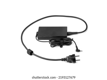 Laptop Power Cable Isolated. Notebook Power AC  DC Adapter On White Background.