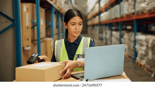 Laptop, qr code and inventory with woman scanning box in warehouse for shipping or delivery. Computer, stock and online order with young person working in warehouse for supply chain logistics - Powered by Shutterstock