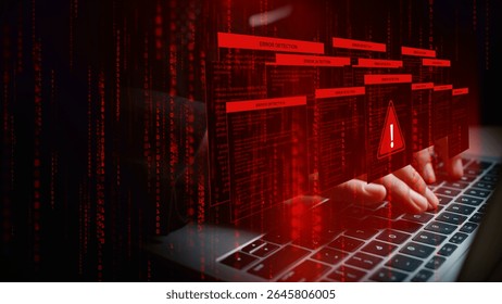 Laptop with red error detection pop-ups and binary code, symbolizing software failure, system error, malware, or cyber threat warning alerts, 3d Rendering