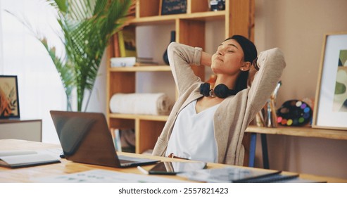 Laptop, relax and freelancer with woman in home office for graphic designer, creative project and satisfied. Resting, complete and remote work with person and website review for startup and done - Powered by Shutterstock